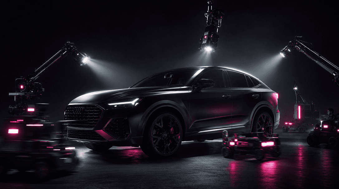 A dramatic automotive silhouette emerging from darkness as miniature work lights trace the vehicle's contours and create