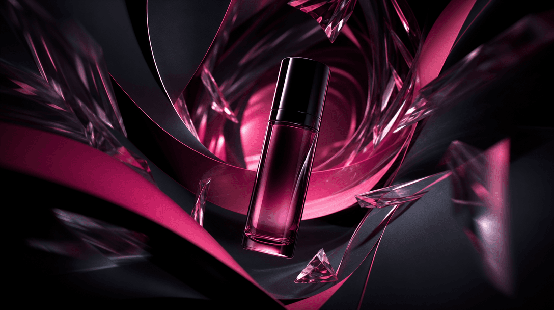 A cosmetic bottle moving through a tunnel of layered paper, glass, and light, transforming from a rough silhouette into