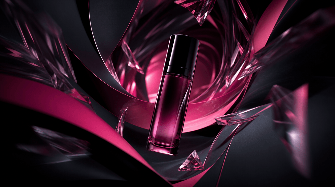 A cosmetic bottle moving through a tunnel of layered paper, glass, and light, transforming from a rough silhouette into