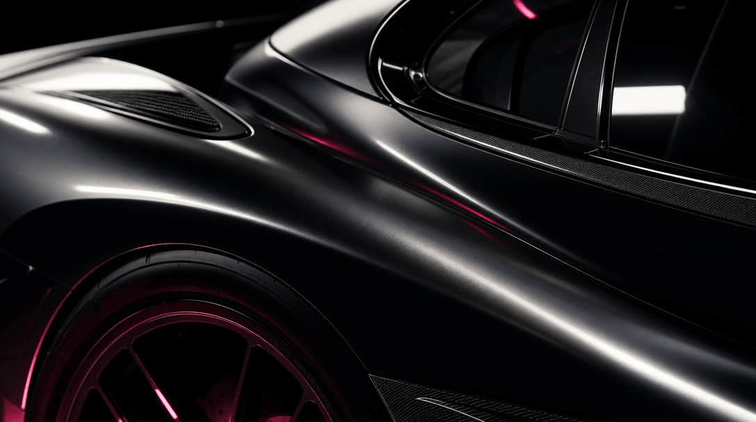Extreme close view of a performance car's curved metal bodywork, wheel arch, glass, and precision surfaces under narrow