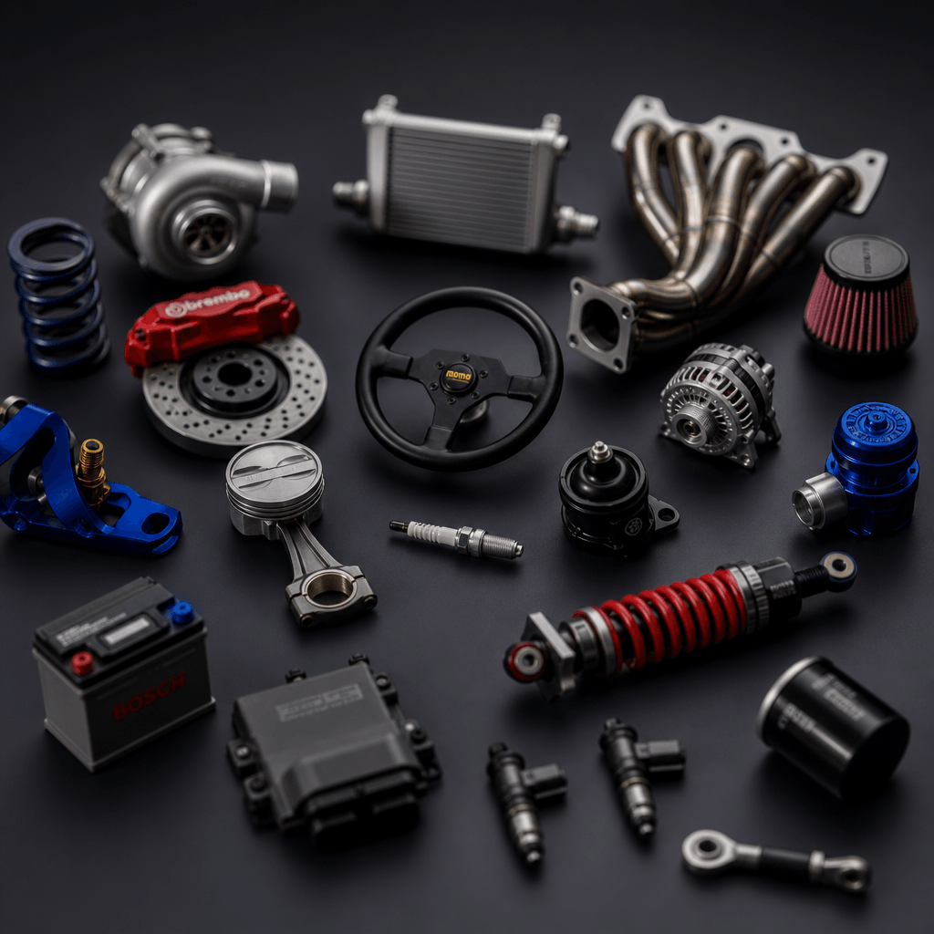 Collection of miniaturized automotive parts arranged on dark surface, depth of field, professional product photography s