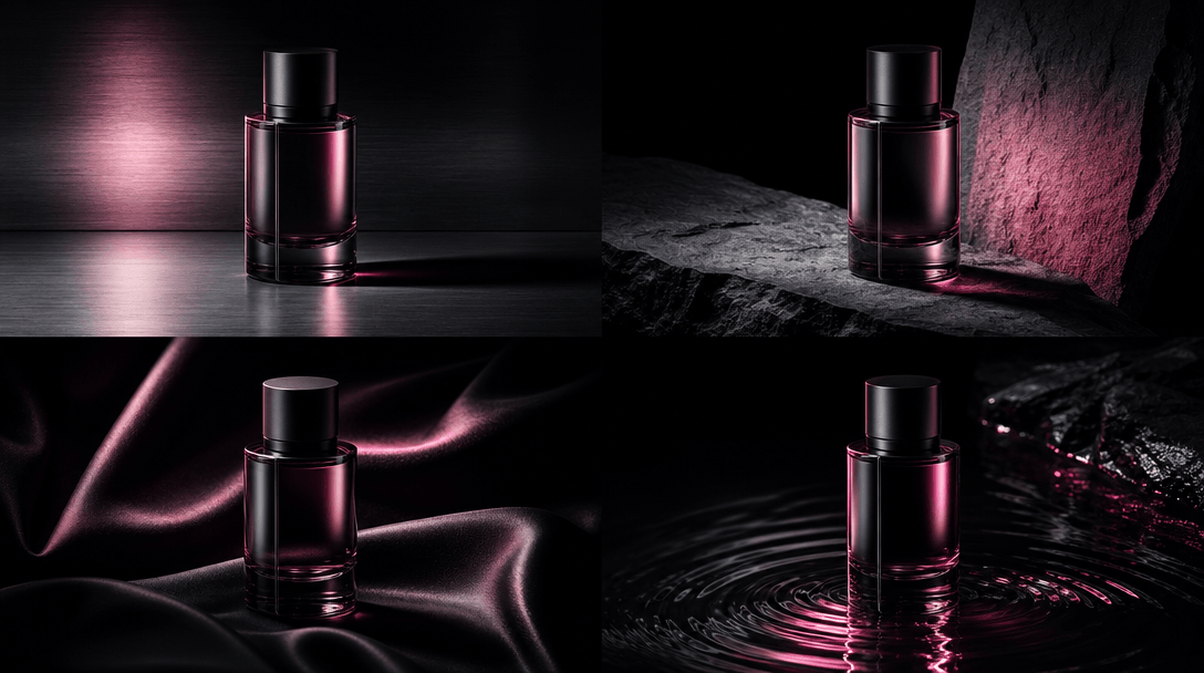 Four identical premium product bottles arranged in distinct pools of directional light, each with different shadow geome