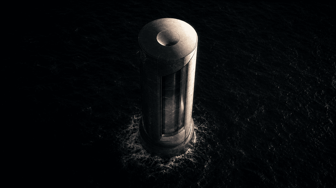 An abstract monumental cylinder rising from an endless dark ocean, its polished stone and glass surfaces catching a narr