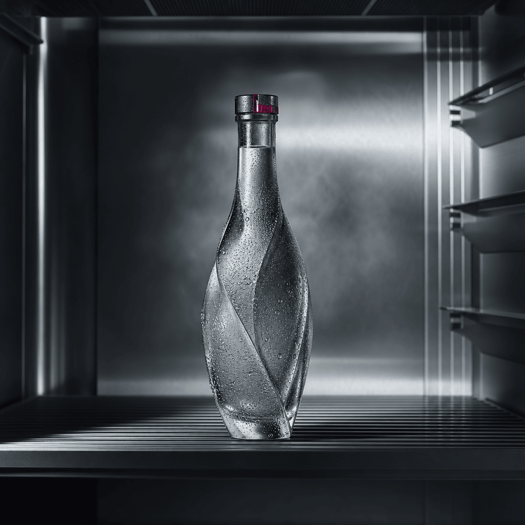 A sculptural glass beverage bottle displayed inside a minimalist stainless-steel refrigerator, cold mist and fine conden