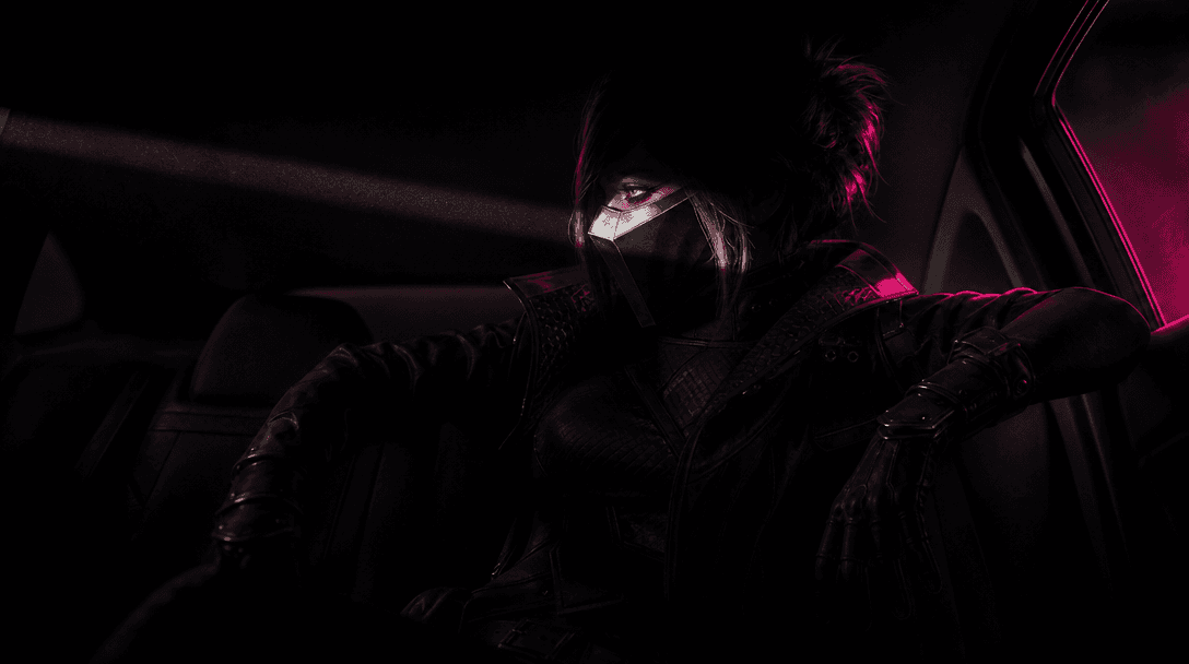 An original character silhouette slowly revealed inside a vehicle by a narrow sweep of cinematic light, with distinctive
