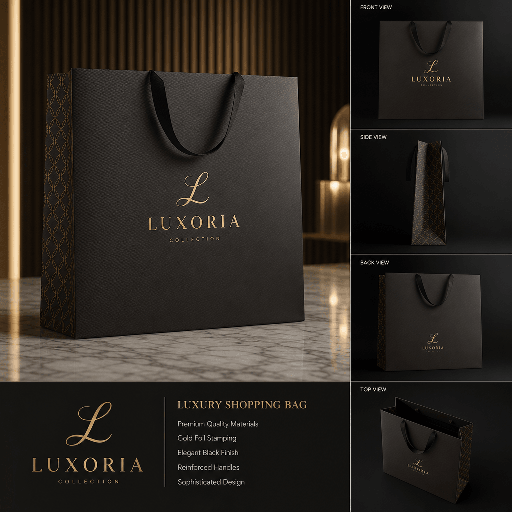 Luxury shopping bag mockup showing multiple logo angles, studio setup, professional product lighting, retail display com