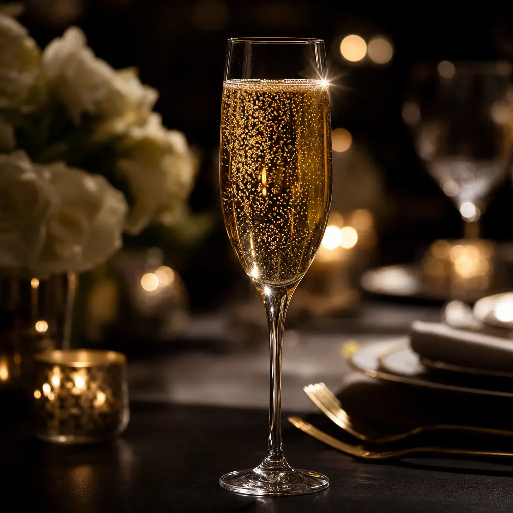 Champagne flute with golden wine catching dramatic studio light, creating sparkle and effervescence. Elegant crystal gla
