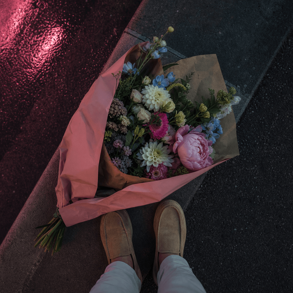 A colorful paper-wrapped market bouquet lying on a painted city curb near casual loafers, photographed from directly abo