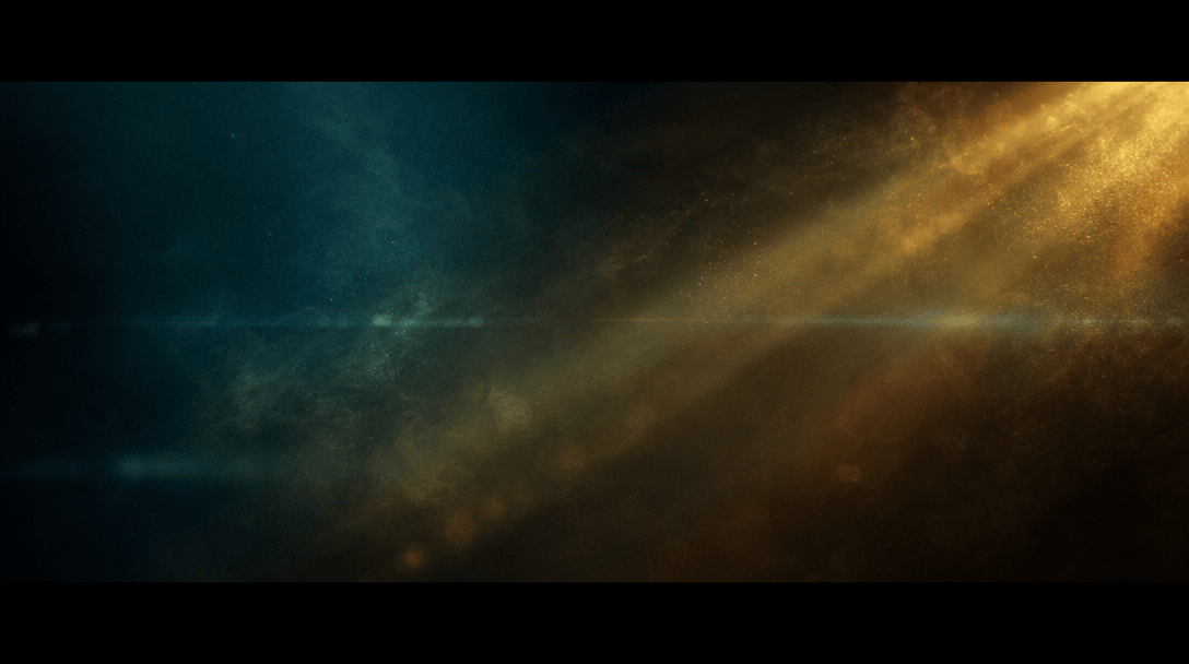 Abstract cinematic still representing film-grade color grading: dark moody atmospheric scene with light rays cutting thr