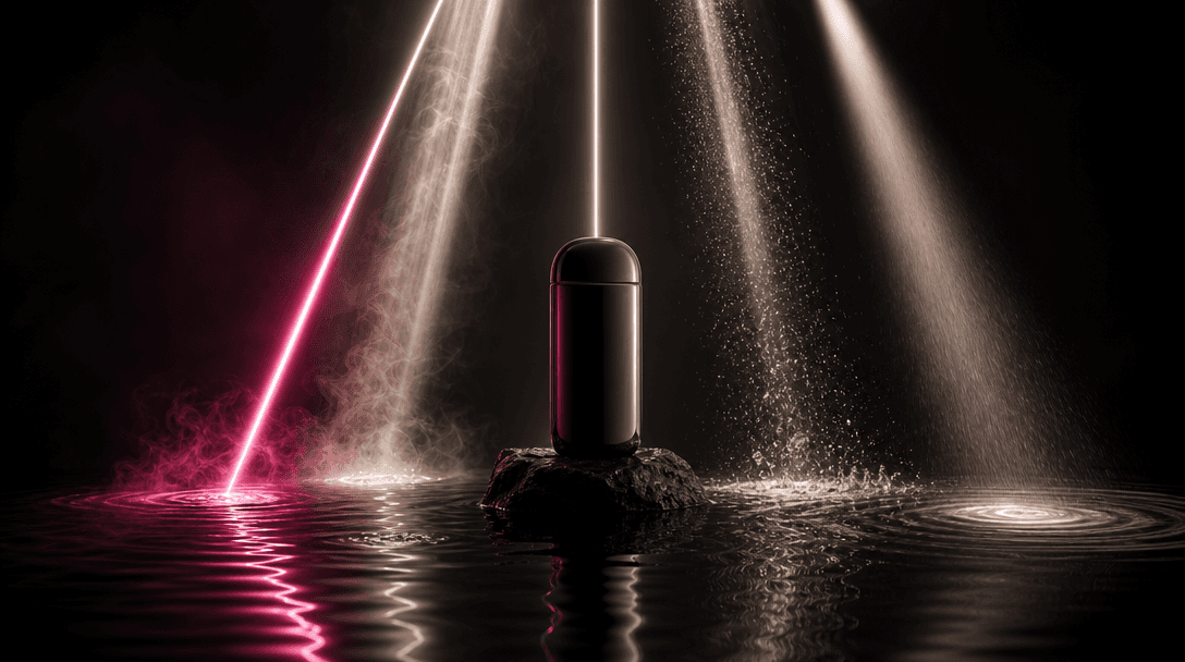 A collection of distinct luminous beams converging on one polished product-like object above a dark reflective sea, each