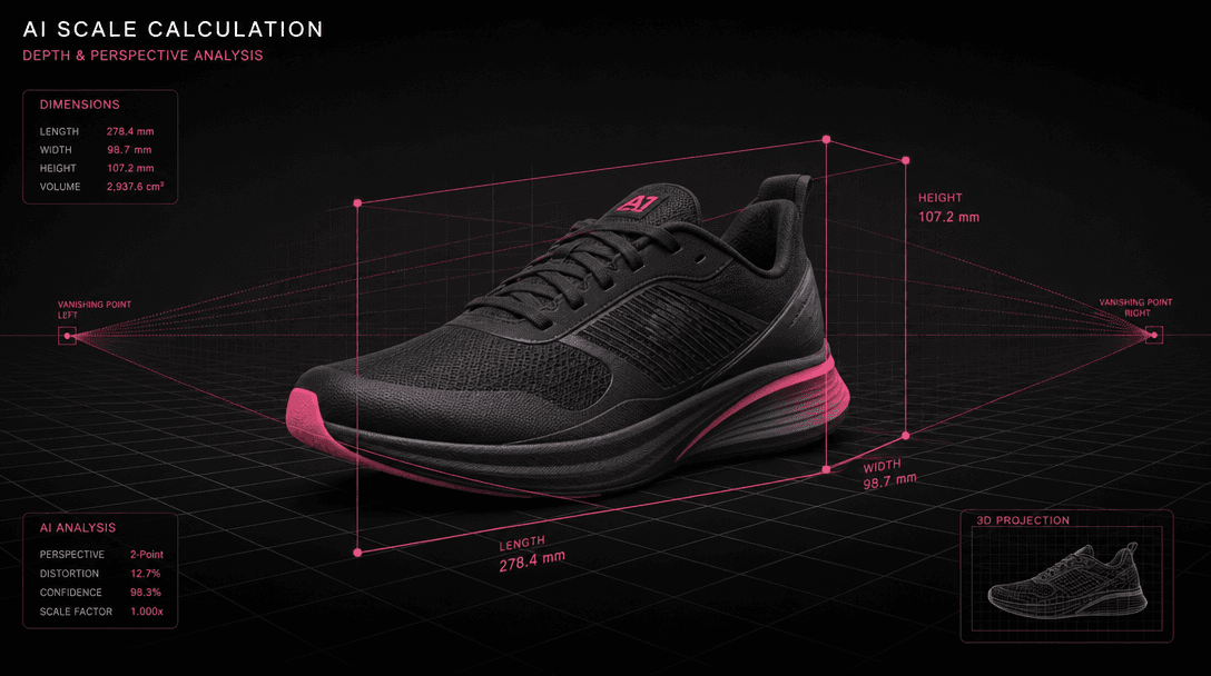 Grid lines and perspective guides overlaid on a product image showing depth distortion, representing AI scale calculatio