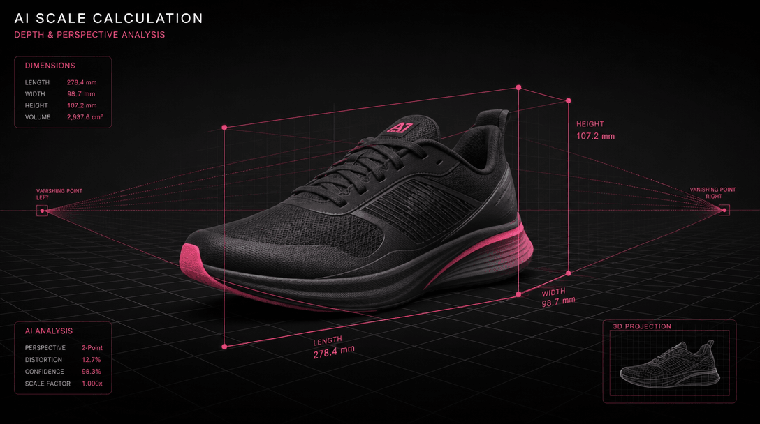 Grid lines and perspective guides overlaid on a product image showing depth distortion, representing AI scale calculatio