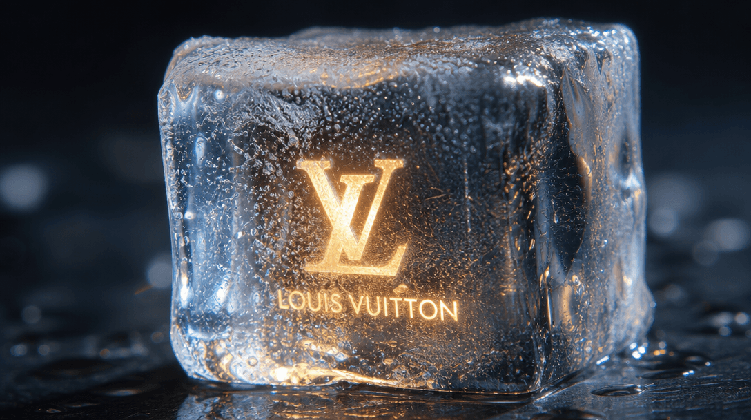 Macro close-up of ice cube surface, frosted crystals visible, light refracting, logo glowing from inside, professional p