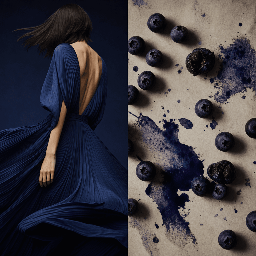 Square split-screen fashion story with an anonymous model wearing a deep blueberry-blue pleated dress beside scattered b