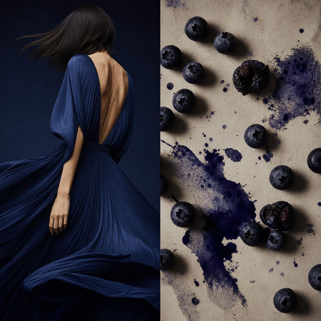 Square split-screen fashion story with an anonymous model wearing a deep blueberry-blue pleated dress beside scattered b