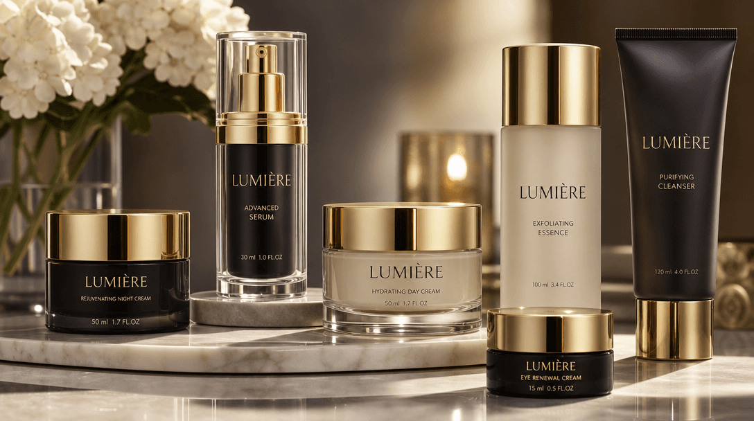 Luxury cosmetic product arrangement with shallow depth of field, light reflections on glass and metal, professional stud