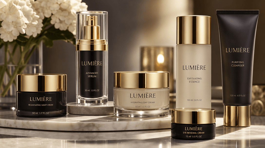 Luxury cosmetic product arrangement with shallow depth of field, light reflections on glass and metal, professional stud