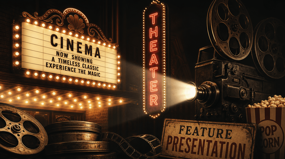 Abstract old cinema aesthetic: movie theater marquee lights, vintage film reels, retro signage, dramatic theatrical ligh