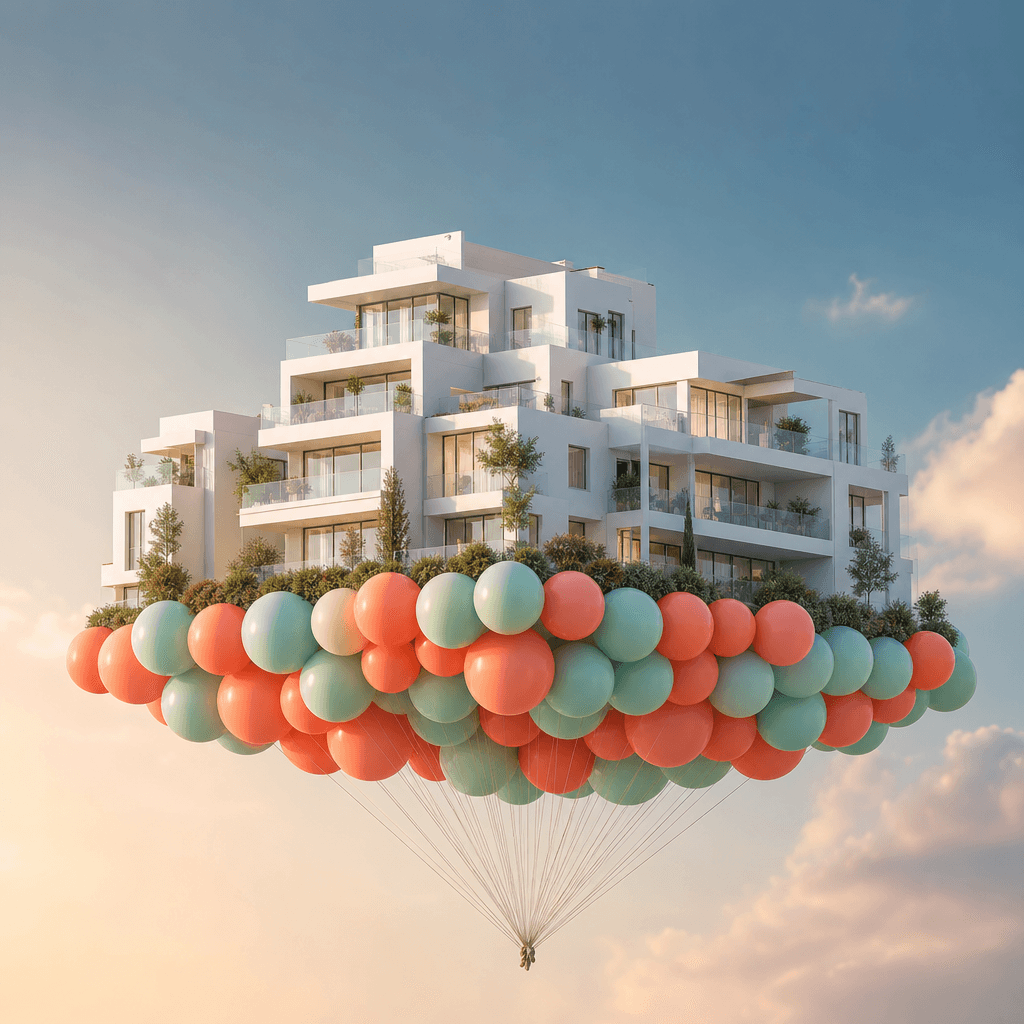Minimalist modern white residential complex floating on coral and mint green balloons against soft gradient sky. Dramati