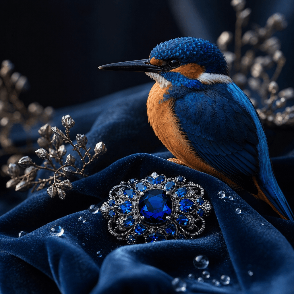 A vivid kingfisher perched beside a sapphire brooch on folded midnight-blue velvet, surrounded by tiny droplets and silv
