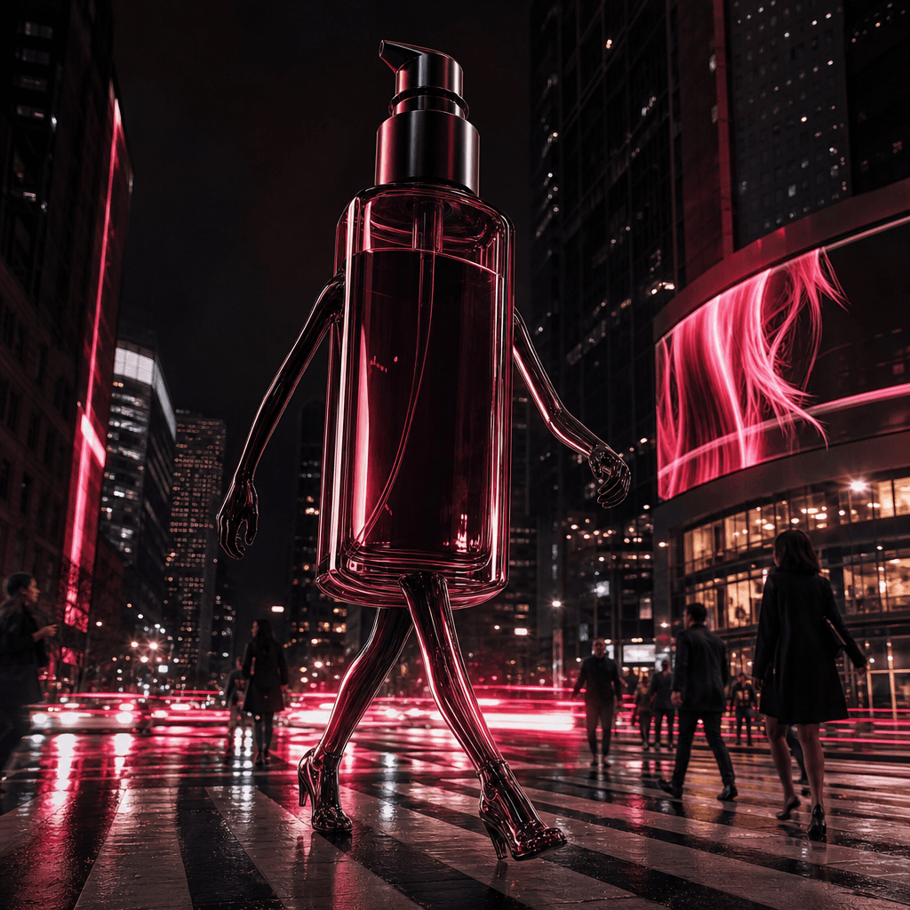 A glossy hair-serum bottle becoming a giant walking banner on a neon-lit downtown crosswalk at night. Dark editorial moo
