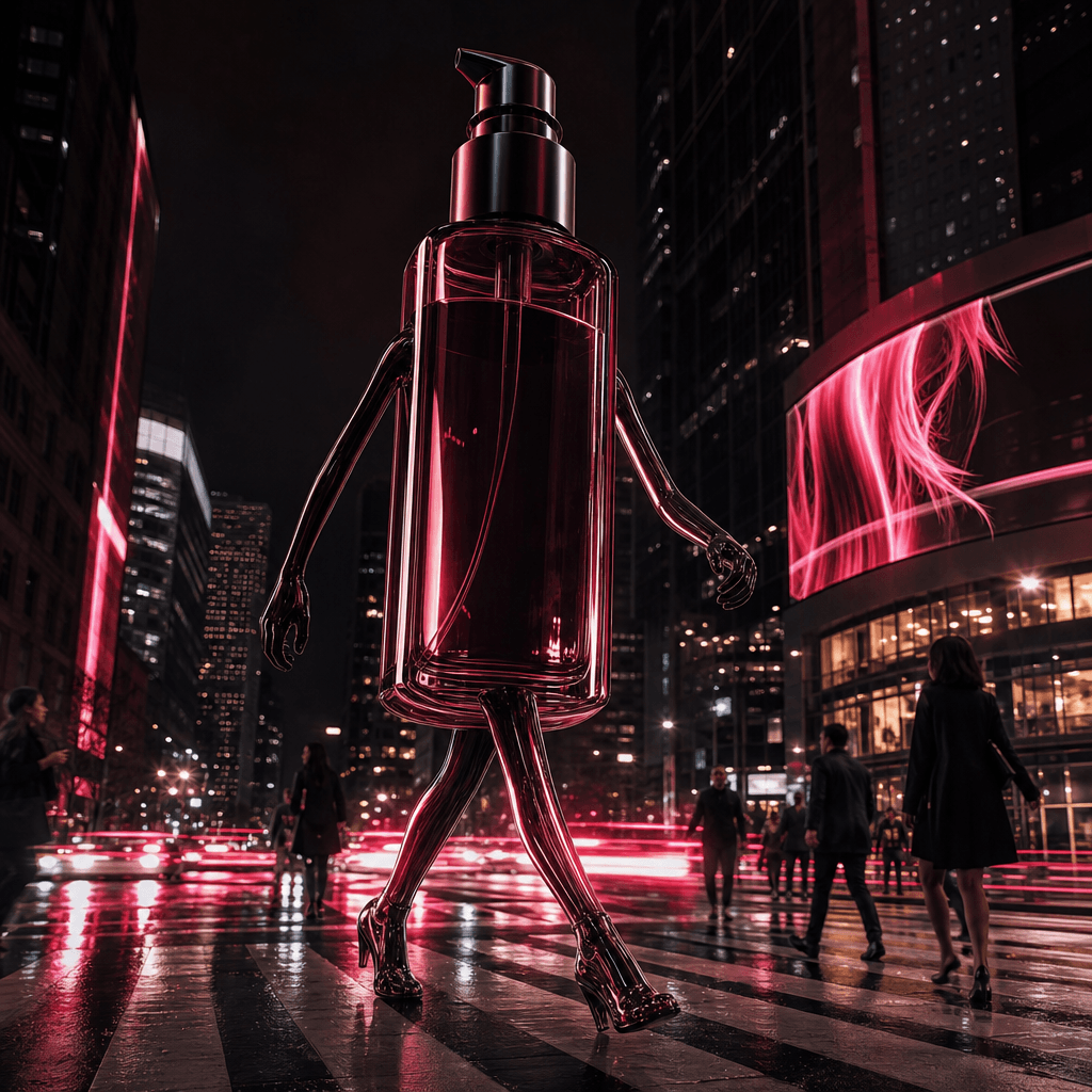 A glossy hair-serum bottle becoming a giant walking banner on a neon-lit downtown crosswalk at night. Dark editorial moo