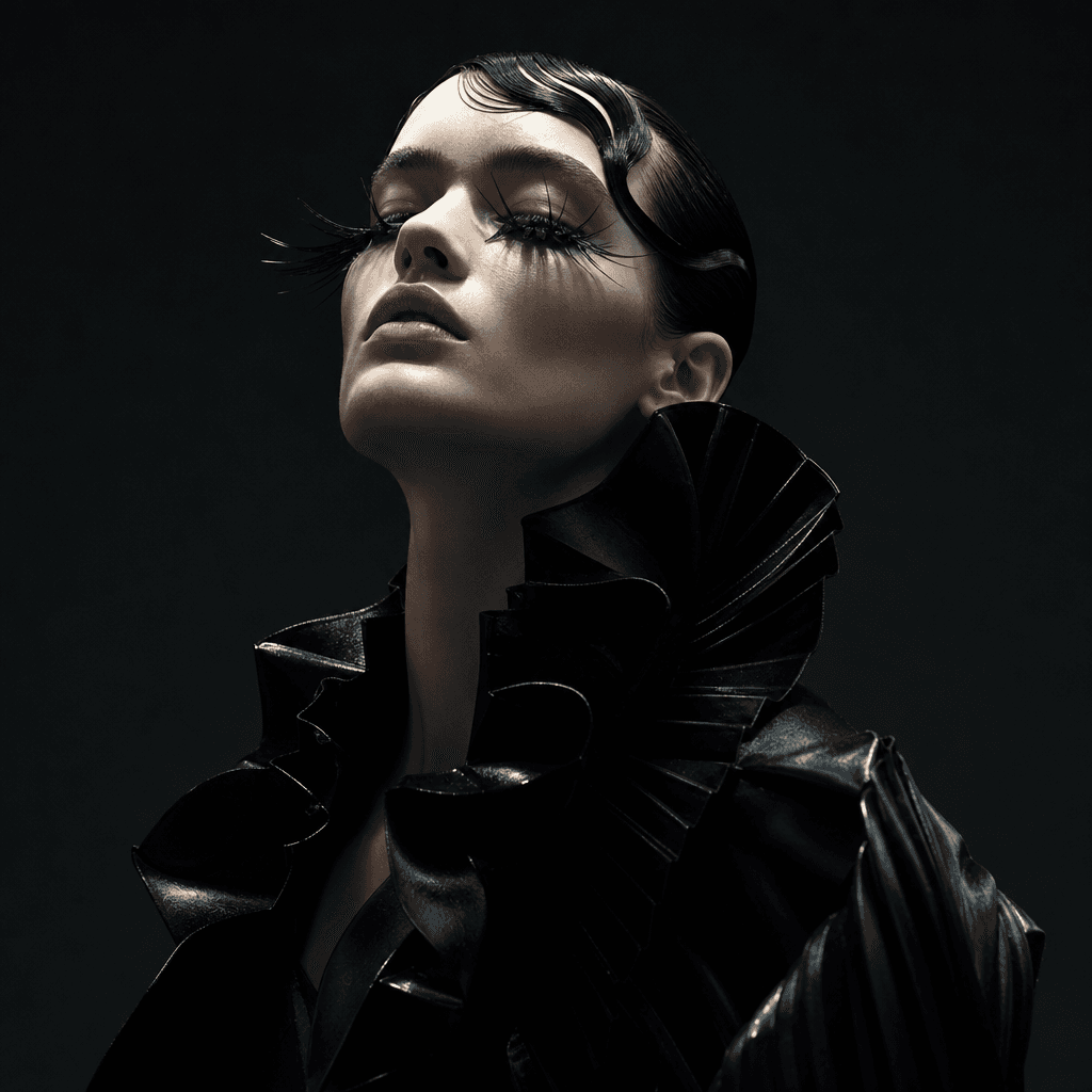 High-fashion editorial portrait with avant-garde styling, dramatic overhead rim lighting, dark studio backdrop, bold dee