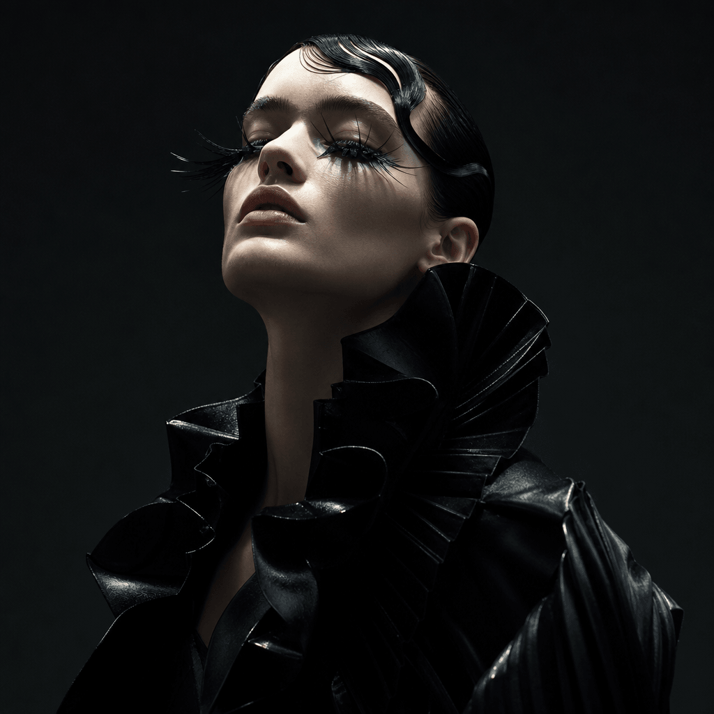 High-fashion editorial portrait with avant-garde styling, dramatic overhead rim lighting, dark studio backdrop, bold dee