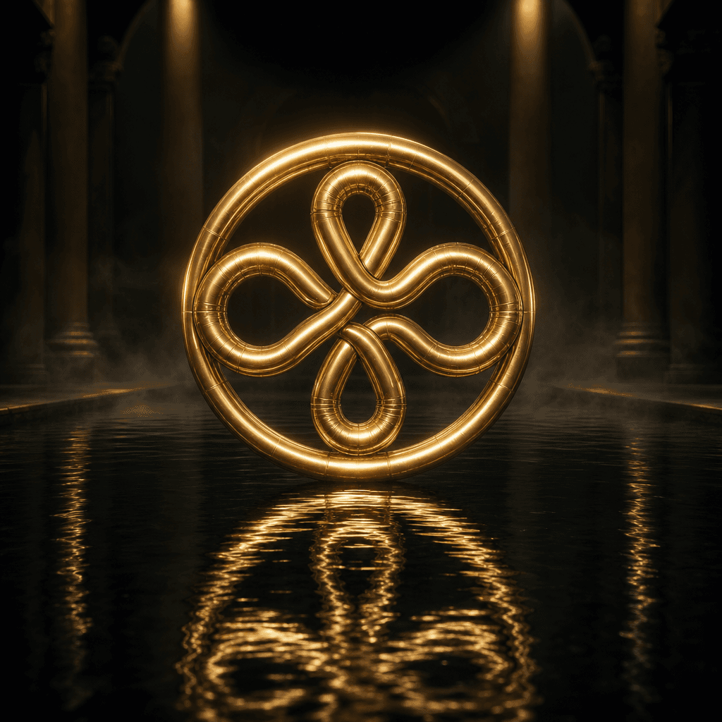 An elegant circular logo form built from metallic gold balloon tubes floating in a dark indoor pool. Focused studio spot