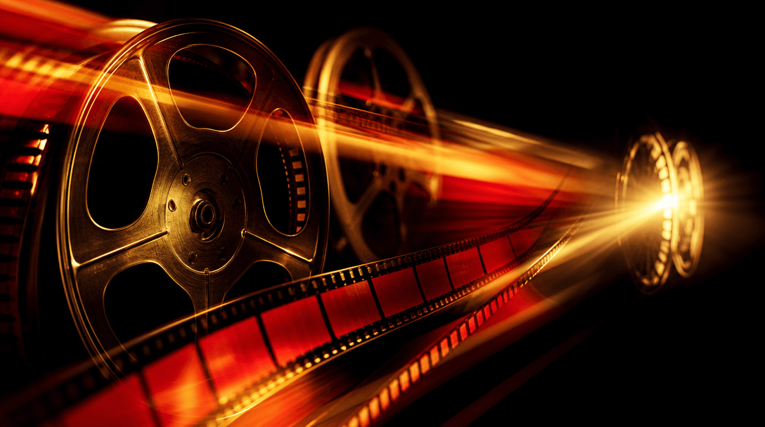 Abstract cinema scene. Film reels spinning in motion, light streaks cutting through darkness. Warm golden and red theatr