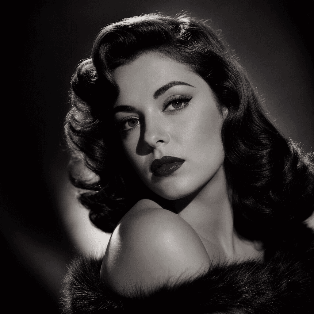 Elegant Hollywood style portrait with professional studio lighting setup, dramatic shadows and highlights, vintage film