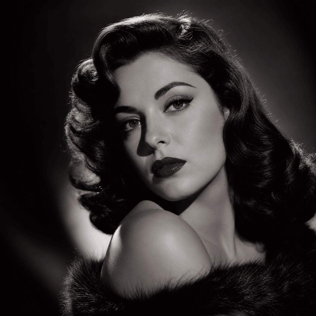 Elegant Hollywood style portrait with professional studio lighting setup, dramatic shadows and highlights, vintage film