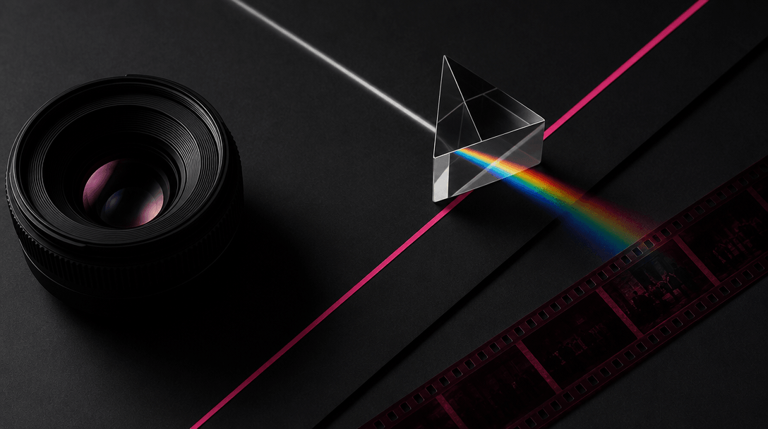 Dark editorial flat lay arranged with precise geometric intention: a camera lens, a glass prism refracting a thin beam o