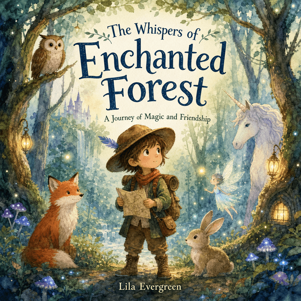 Watercolor storybook cover: Child as a young explorer in an enchanted forest with magical creatures and glowing elements