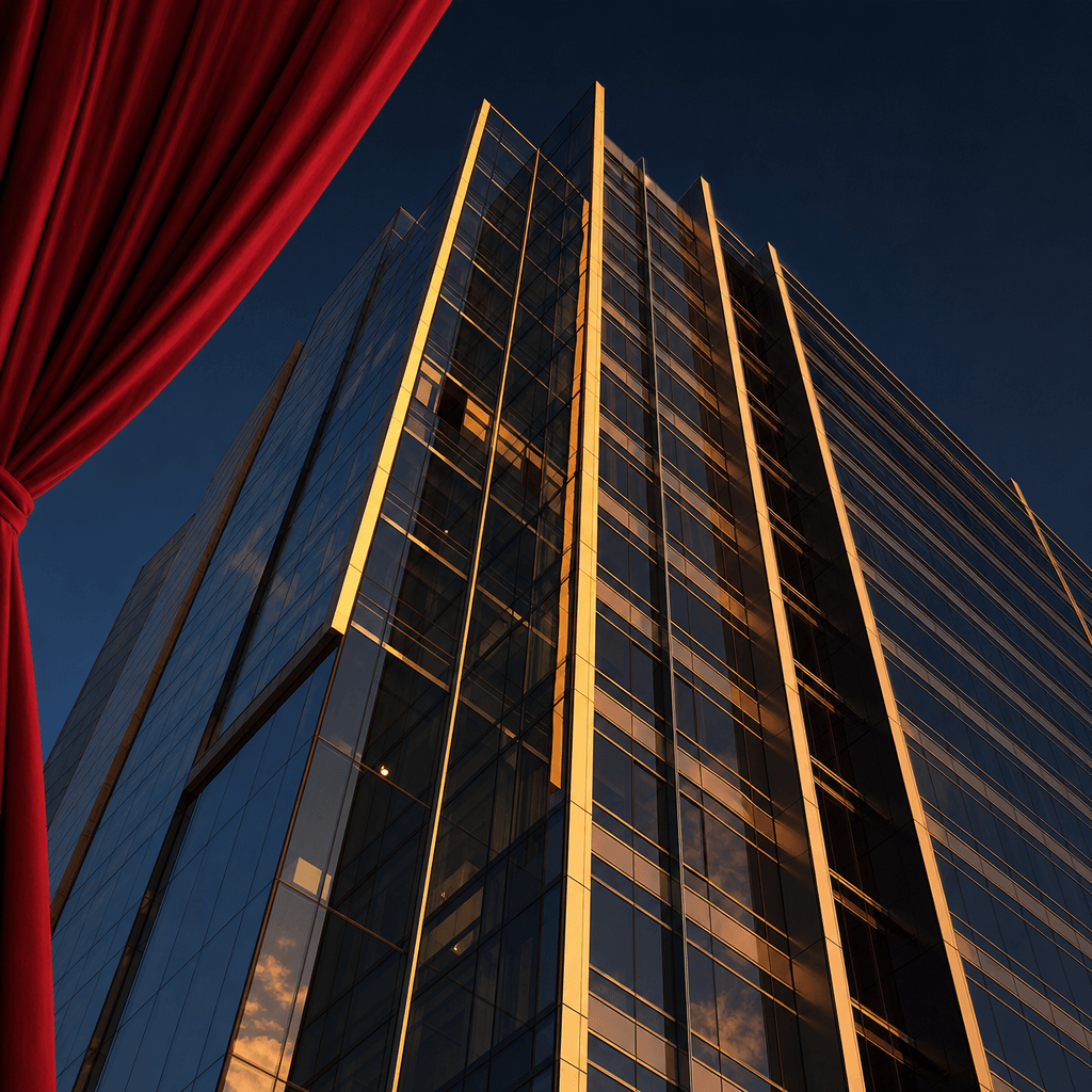 A modernist glass office tower revealed mid-reveal, rich red curtain swept fully aside, dramatic low-angle perspective l