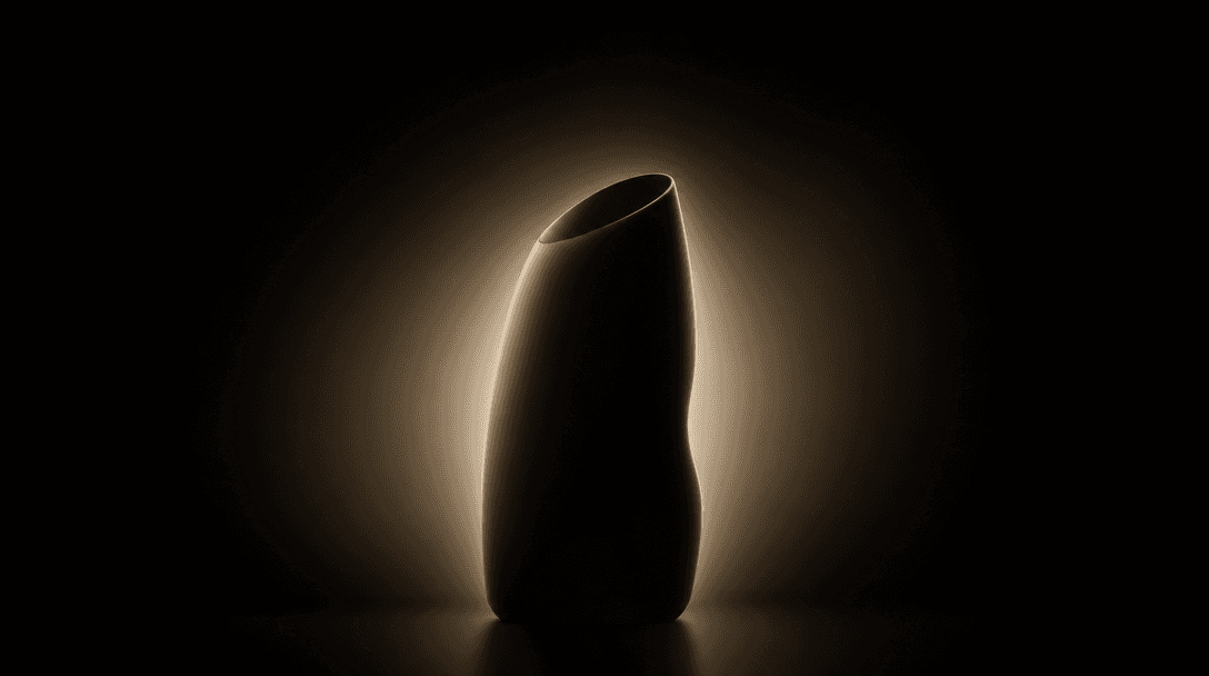 A product silhouette — abstract, unidentifiable — emerging from a soft halo of diffused studio light against a deep dark