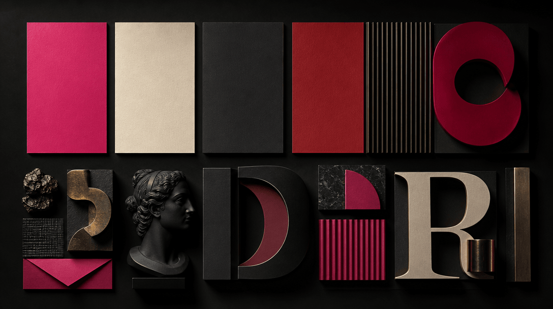 Rows of richly pigmented color cards and sculptural letterform shapes arranged in precise harmony on a near-black backgr