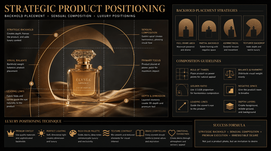 Strategic product positioning diagram showing backhold placement, sensual composition lines, professional framing guidel