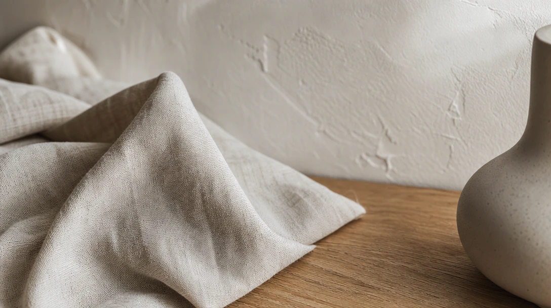 Abstract editorial material palette image — brushed linen fabric draped over a warm oak surface, smooth white plaster wa