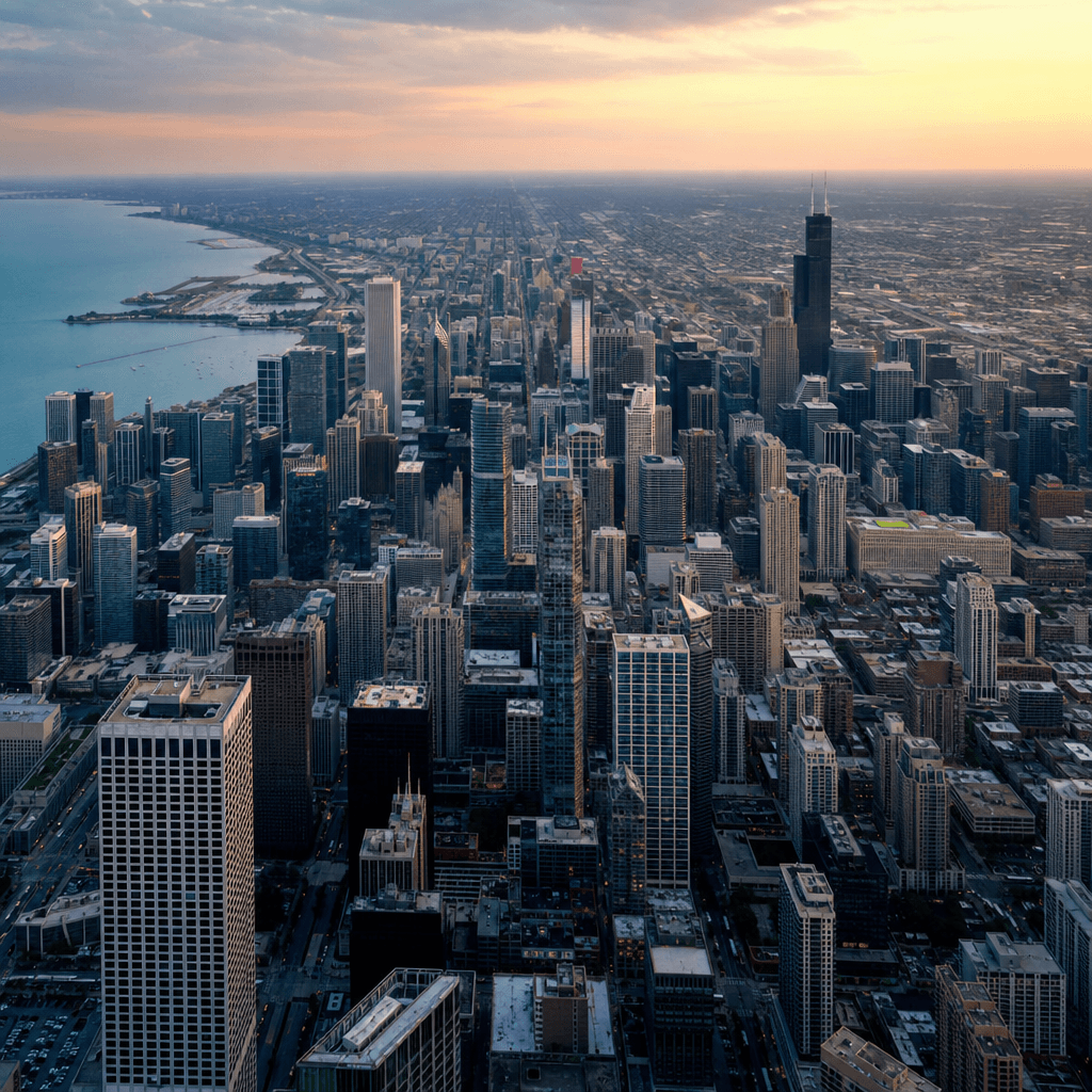 Cityscape skyline view from high altitude, aerial perspective, urban landscape, professional photography, depth visible,