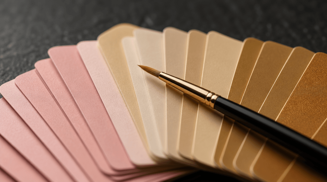 Macro close-up of layered color gradient swatches arranged in precise tonal order — blush pink transitioning through ivo
