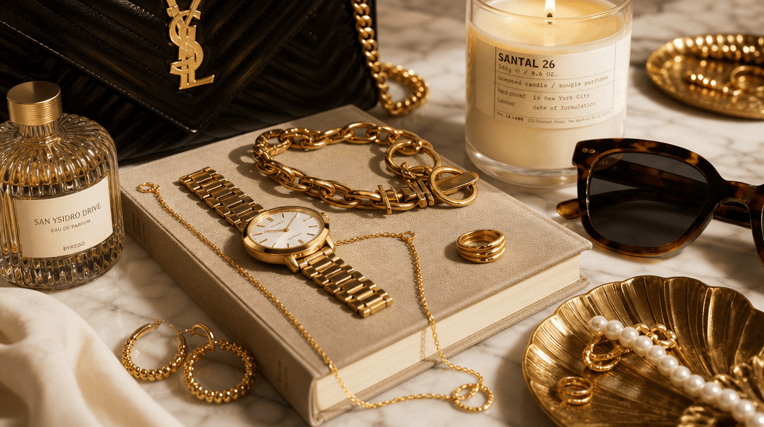 Trendy fashion accessories on luxury display surface. Arrangement of jewelry and lifestyle items. Professional product s