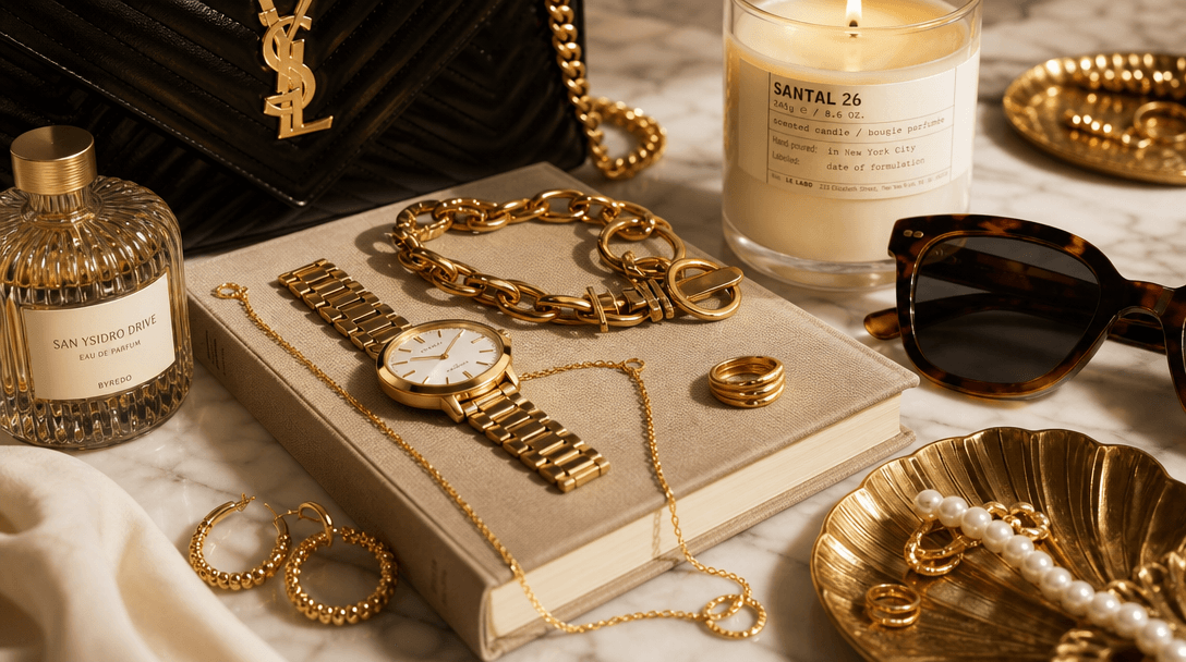 Trendy fashion accessories on luxury display surface. Arrangement of jewelry and lifestyle items. Professional product s