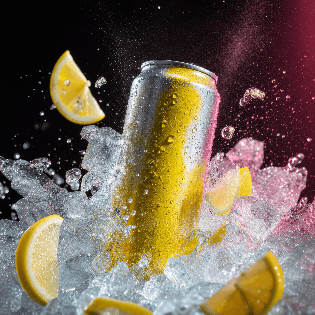 A sparkling citrus drink can emerging from fractured translucent ice with lemon wedges and fine mist frozen in motion. D