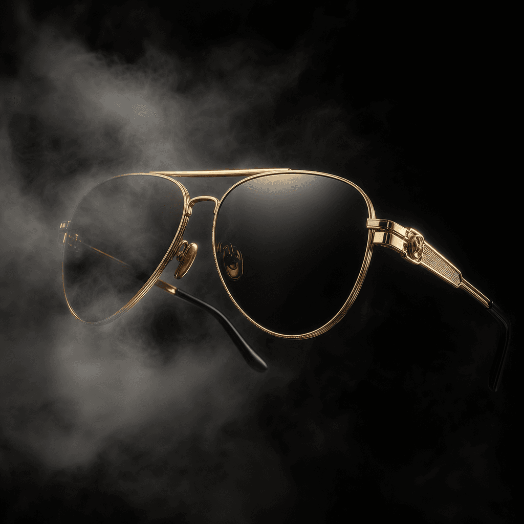 Designer gold-frame aviator sunglasses floating against a near-black background, partially enveloped in soft volumetric
