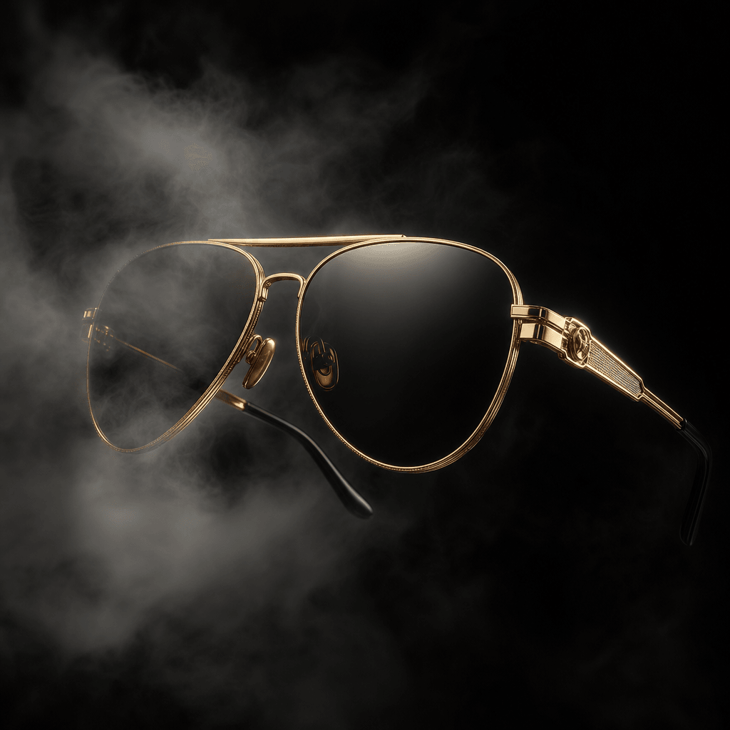 Designer gold-frame aviator sunglasses floating against a near-black background, partially enveloped in soft volumetric