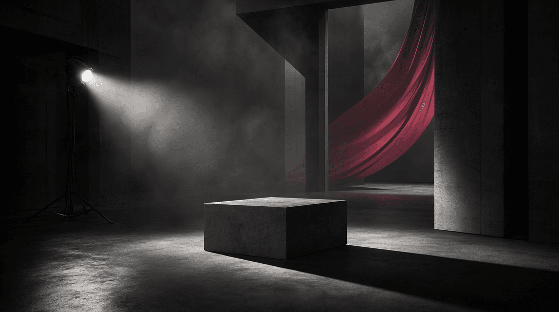 An empty cinematic street set reduced to essential physical elements: a concrete product pedestal, one hard spotlight, a