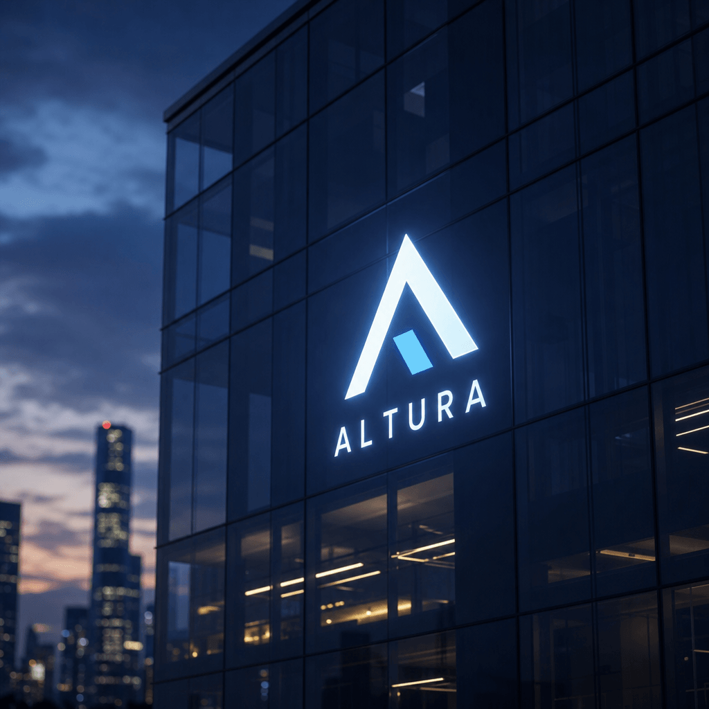 Minimalist tech startup logo glowing softly on a glass office building facade at dusk. Clean geometric mark in cool whit