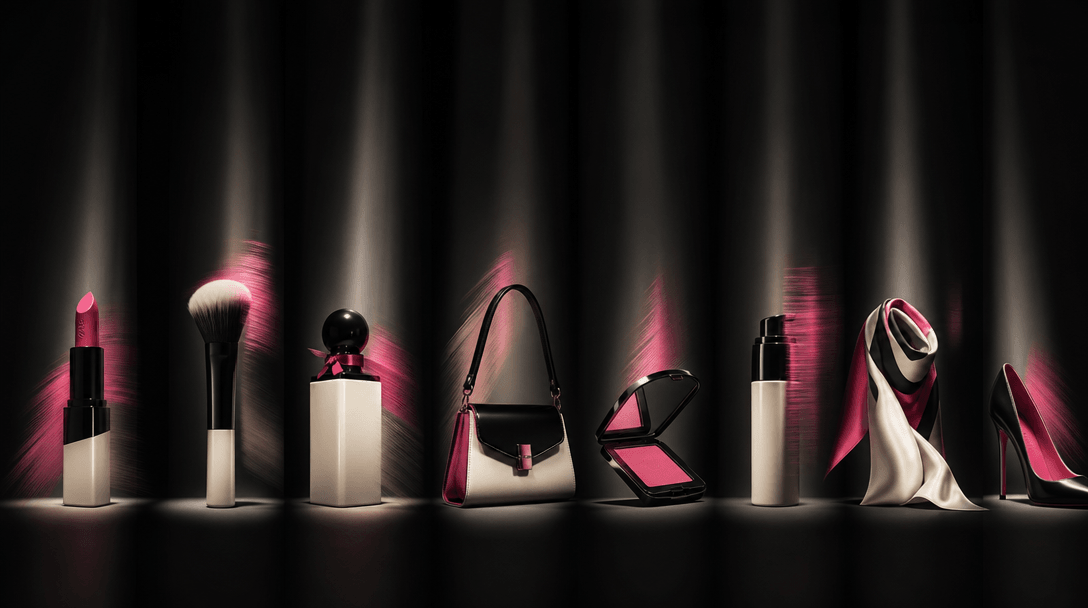 Eight coordinated product silhouettes arranged across a dark studio set in a precise editorial rhythm, each illuminated