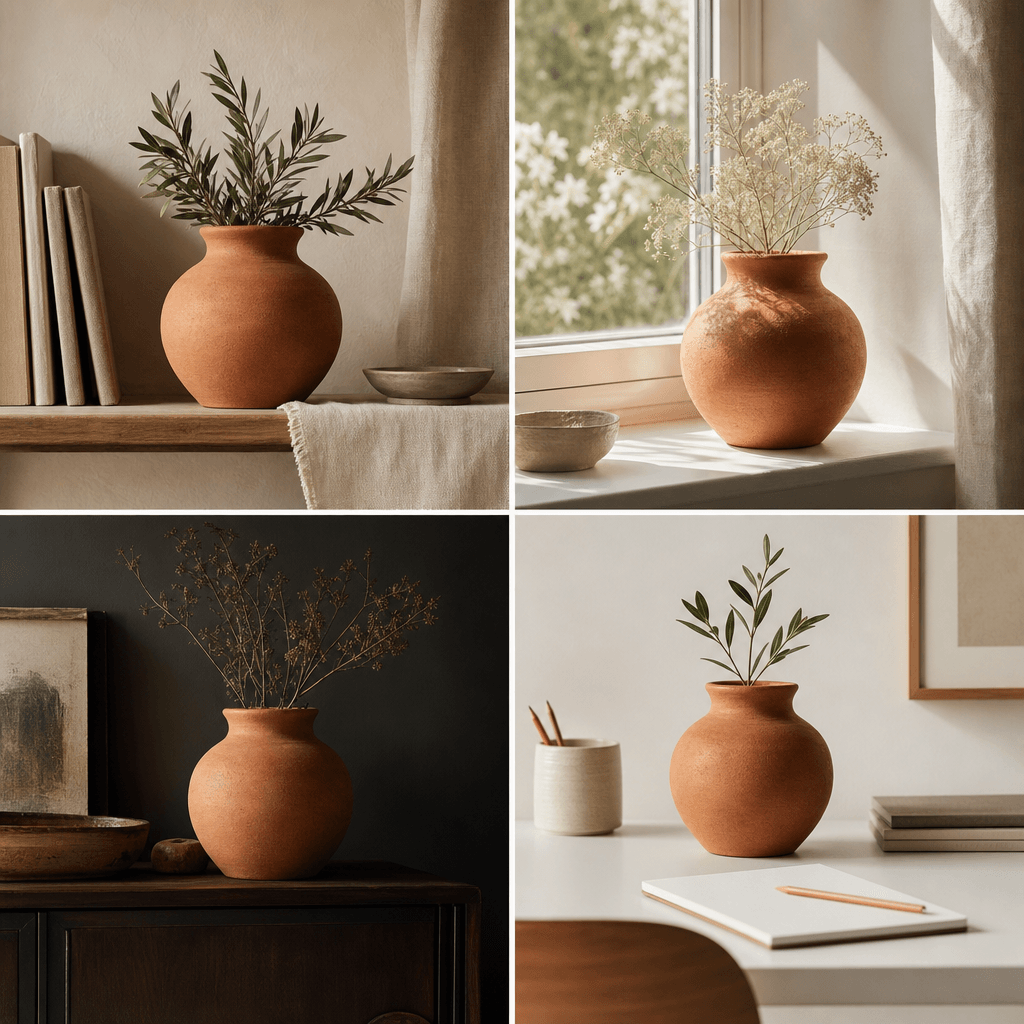 Four-panel 2×2 lifestyle collage of a terracotta vase in four styled interiors — warm linen shelf, sunlit windowsill, da